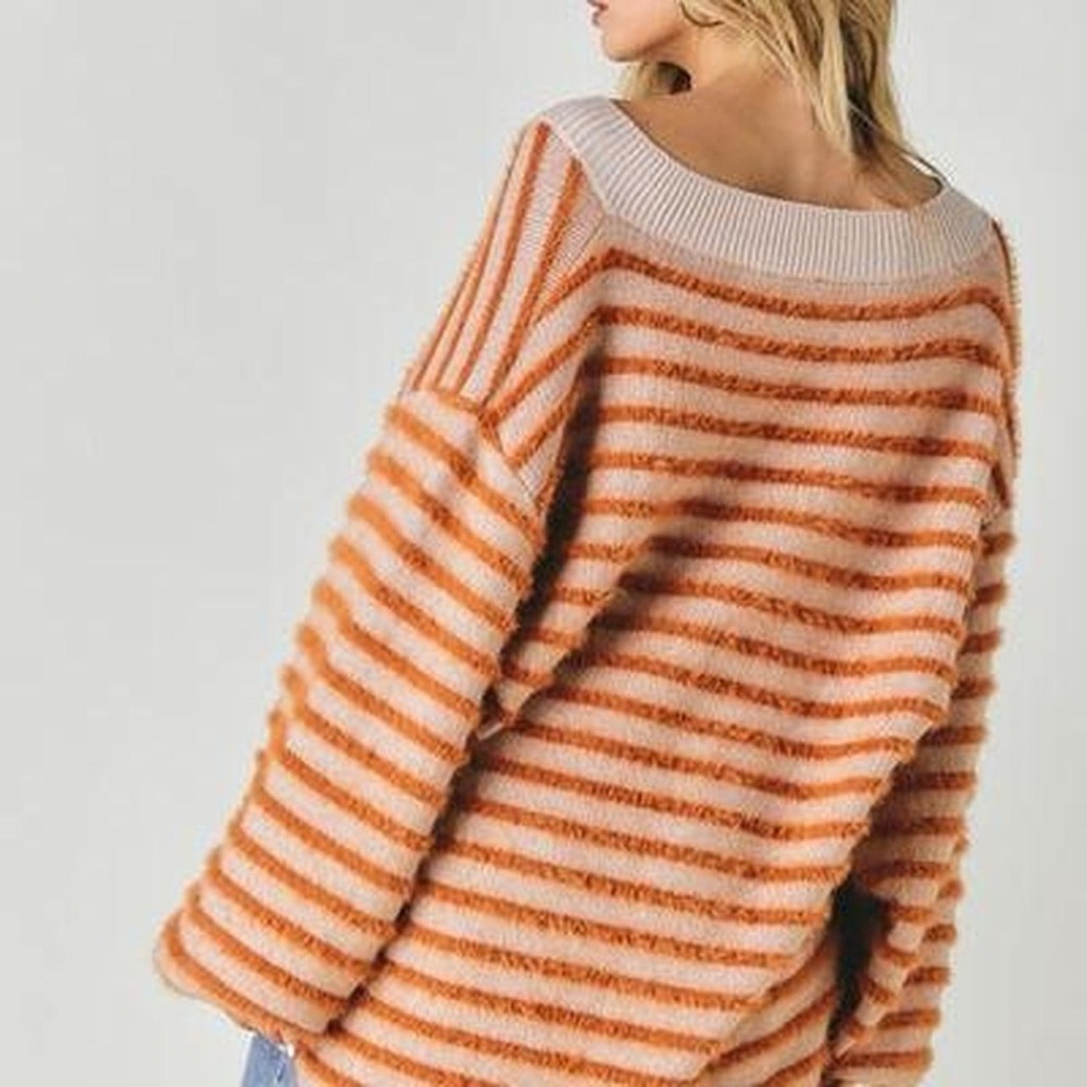 Cozy Striped V-Neck Sweater - Orange and Cream - Picture 3 of 4
